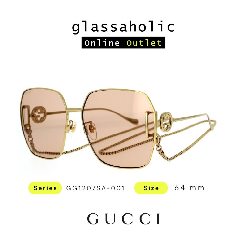 [รุ่นฮิตพิเศษ] แว่นกันแดด GUCCI รุ่น GG1207SA-001 ทรงเหลี่ยม ดีไซน์แฟชั่น รุ่นพิเศษ ขาทองมีโลโ
