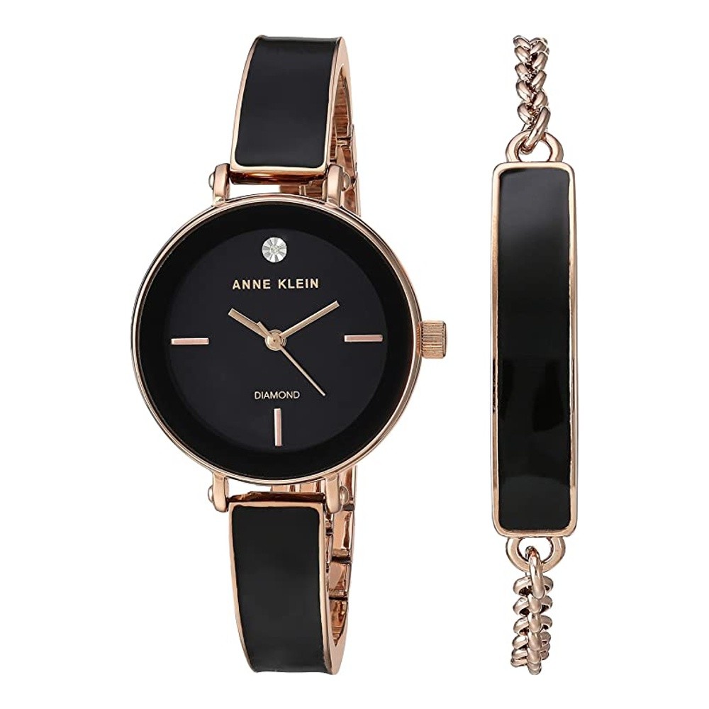 Anne Klein AK/3620BKST นาฬิกาข้อมือผู้หญิง สีดำ/โรสโกลด์ (แบบBoxset สร้อยข้อมือ)